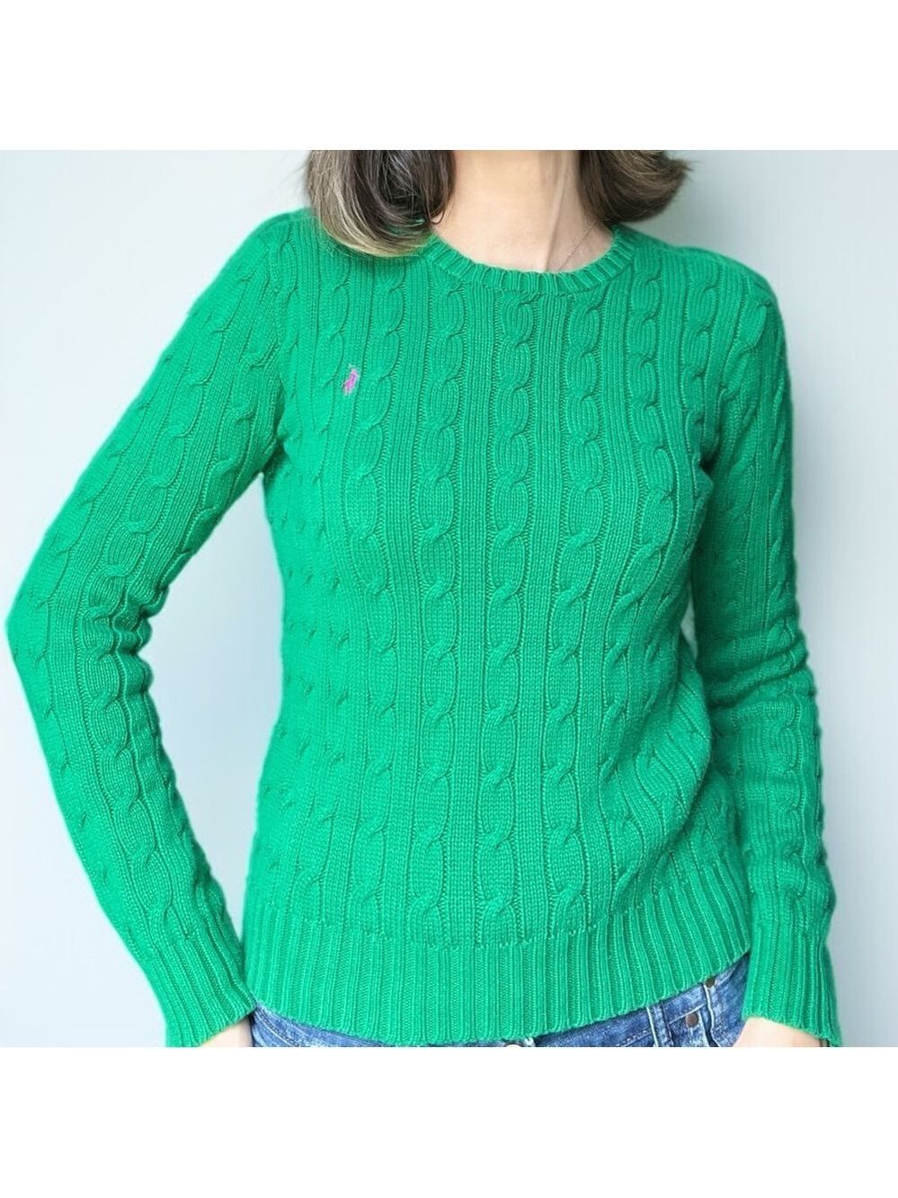 Ralph Lauren Classic Emerald Green Cable Knit Crew Neck Sweater Preppy XS Vtg 90